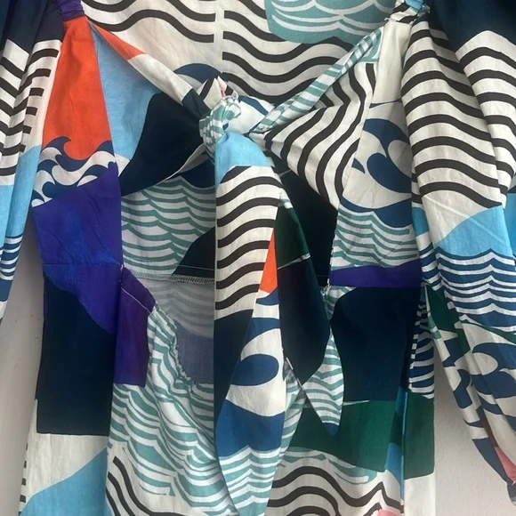 Oliphant Dress Puffed Sleeve Cutout Bow Cotton Abstract Mini Size Small - Picture 8 of 12